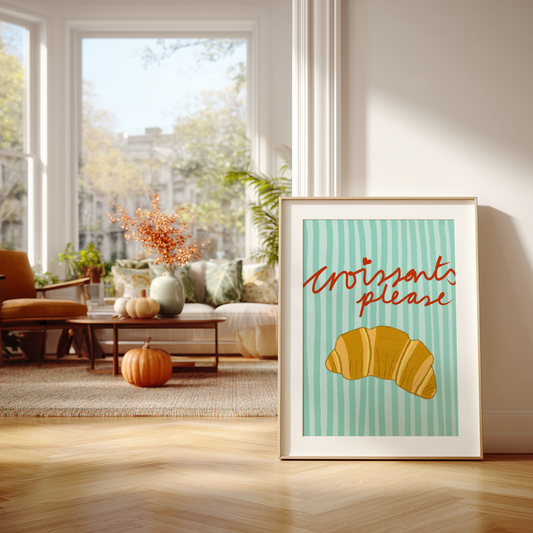 'Croissants Please' Art Print – Illustrated Kitchen Wall Decor in Mint Green & Golden Amber