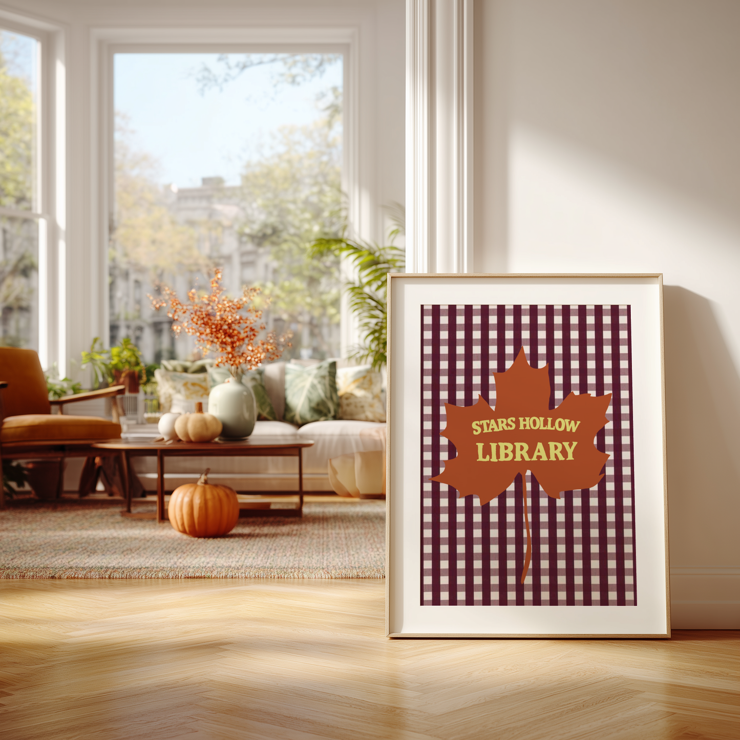 'Stars Hollow Library' Art Print – Illustrated Autumn Book Lover Wall Decor in Burgundy, Rust & Chartreuse