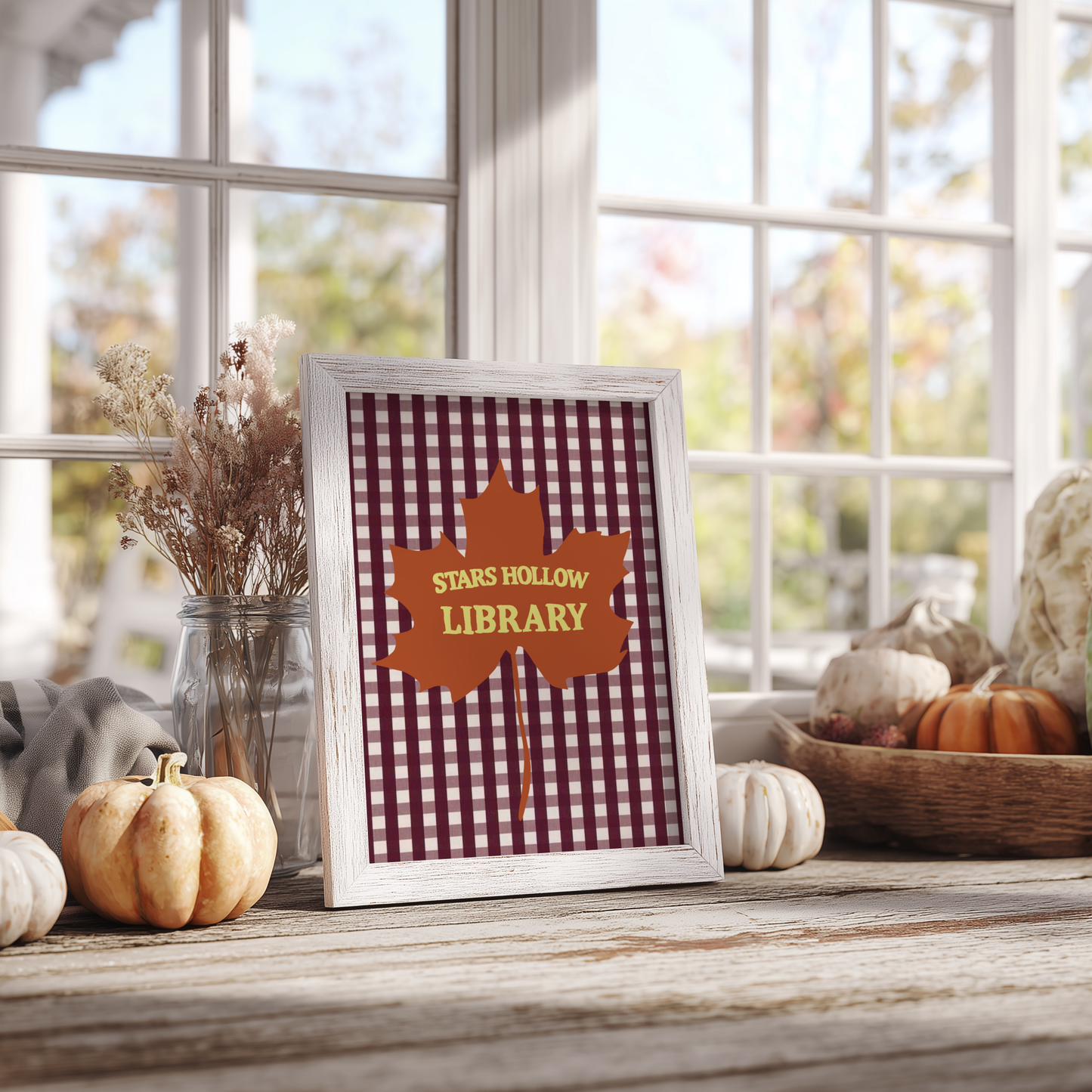 'Stars Hollow Library' Art Print – Illustrated Autumn Book Lover Wall Decor in Burgundy, Rust & Chartreuse