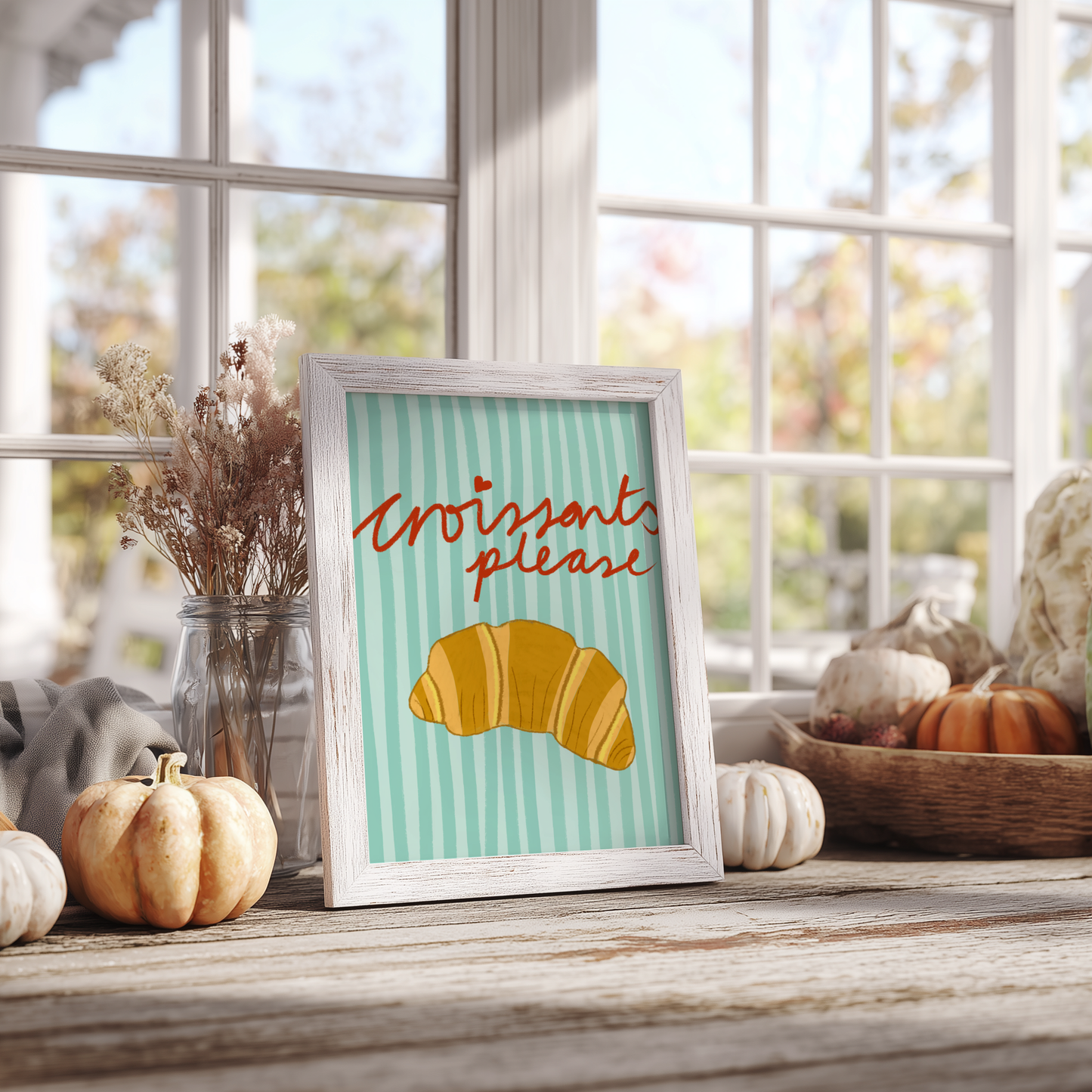 'Croissants Please' Art Print – Illustrated Kitchen Wall Decor in Mint Green & Golden Amber