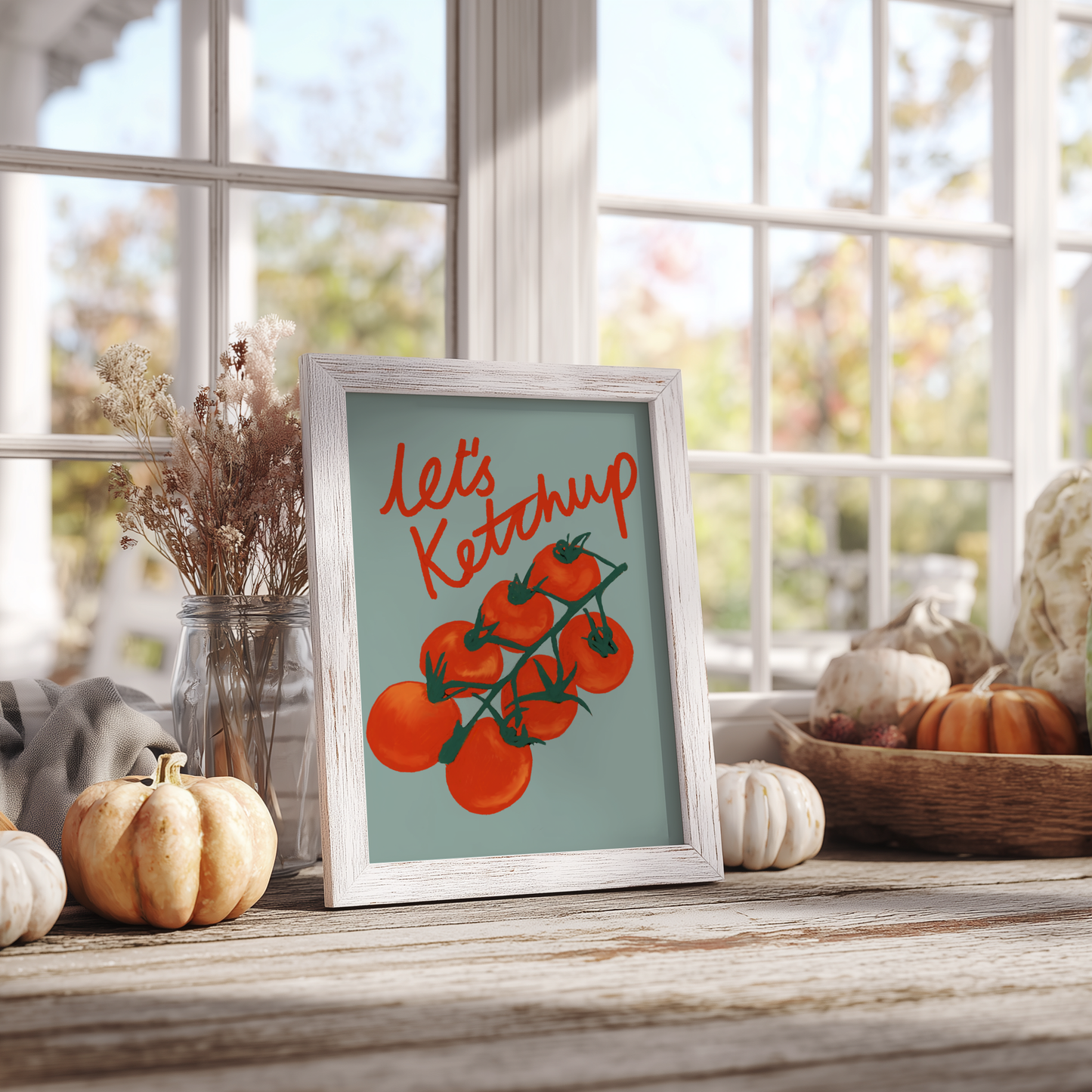 'Let's Ketchup' Art Print – Illustrated Kitchen Wall Decor in Sage Green & Tomato Red