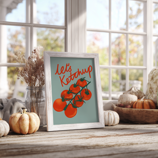 'Let's Ketchup' Art Print – Illustrated Kitchen Wall Decor in Sage Green & Tomato Red