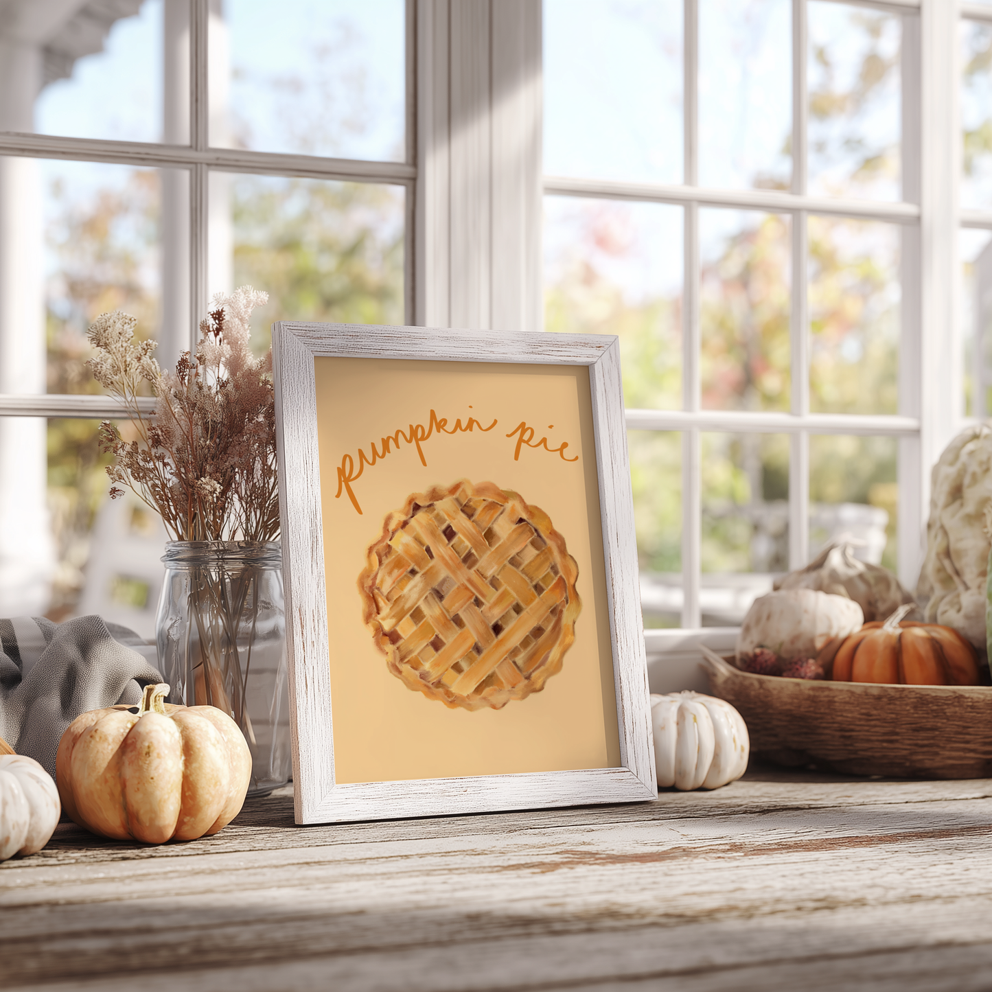 'Pumpkin Pie' Art Print Illustrated Kitchen Wall Decor in Warm Amber & Cream
