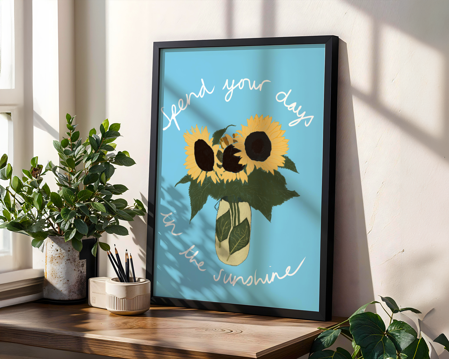 'Spend Your Days In The Sunshine' Art Print – Oasis Inspired Sunflower Wall Decor in Sky Blue & Yellow