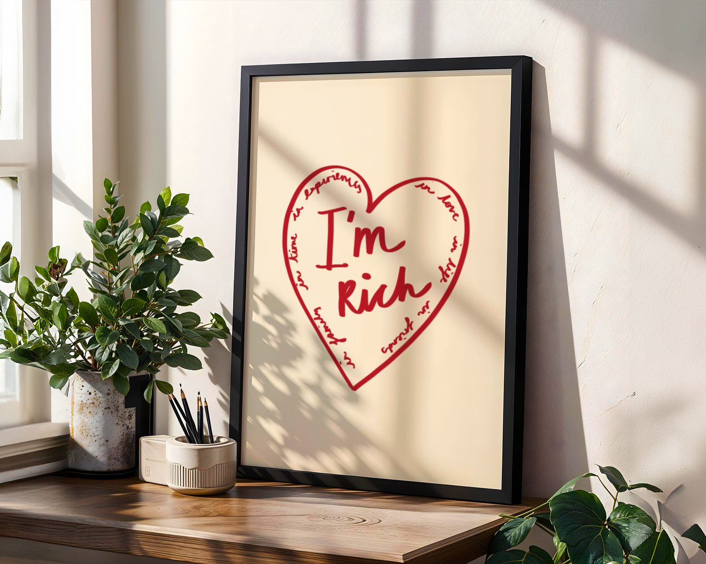 'I'm Rich' Heart Typography Art Print – Meaningful Minimalist Wall Decor in Red & Cream