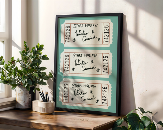 'Stars Hollow Winter Carnival' Ticket Art Print – Vintage Ticket Wall Decor in Teal & Cream