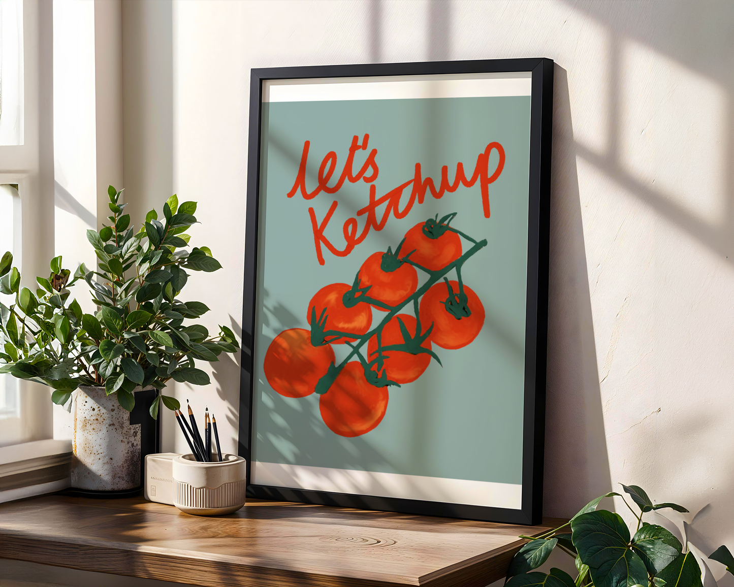 'Let's Ketchup' Art Print – Illustrated Kitchen Wall Decor in Sage Green & Tomato Red
