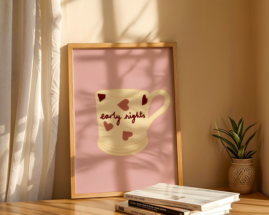 'Early Nights' Art Print Cosy Mug Wall Art | Blush Pink Heart Print | Cute Bedroom Decor | Whimsical Illustration Poster