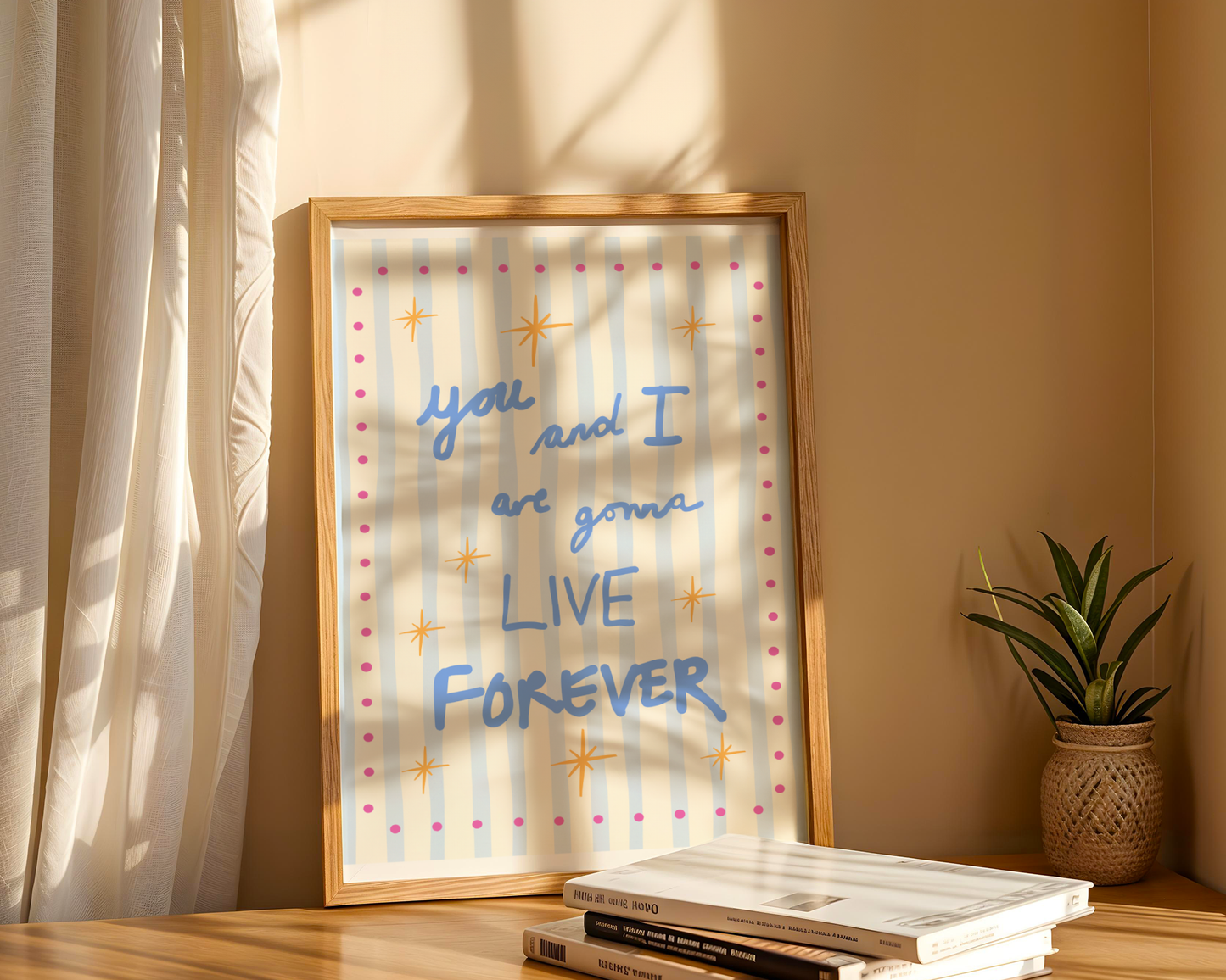 'You and I Are Gonna Live Forever' Typography Art Print – Oasis Inspired Retro Wall Decor in Blue & Cream