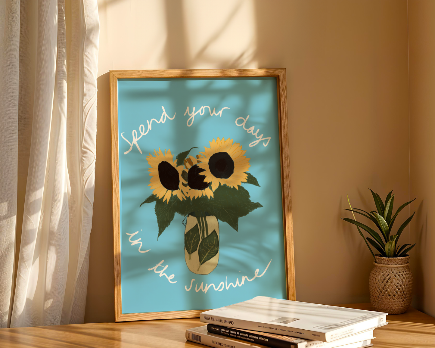 'Spend Your Days In The Sunshine' Art Print – Oasis Inspired Sunflower Wall Decor in Sky Blue & Yellow