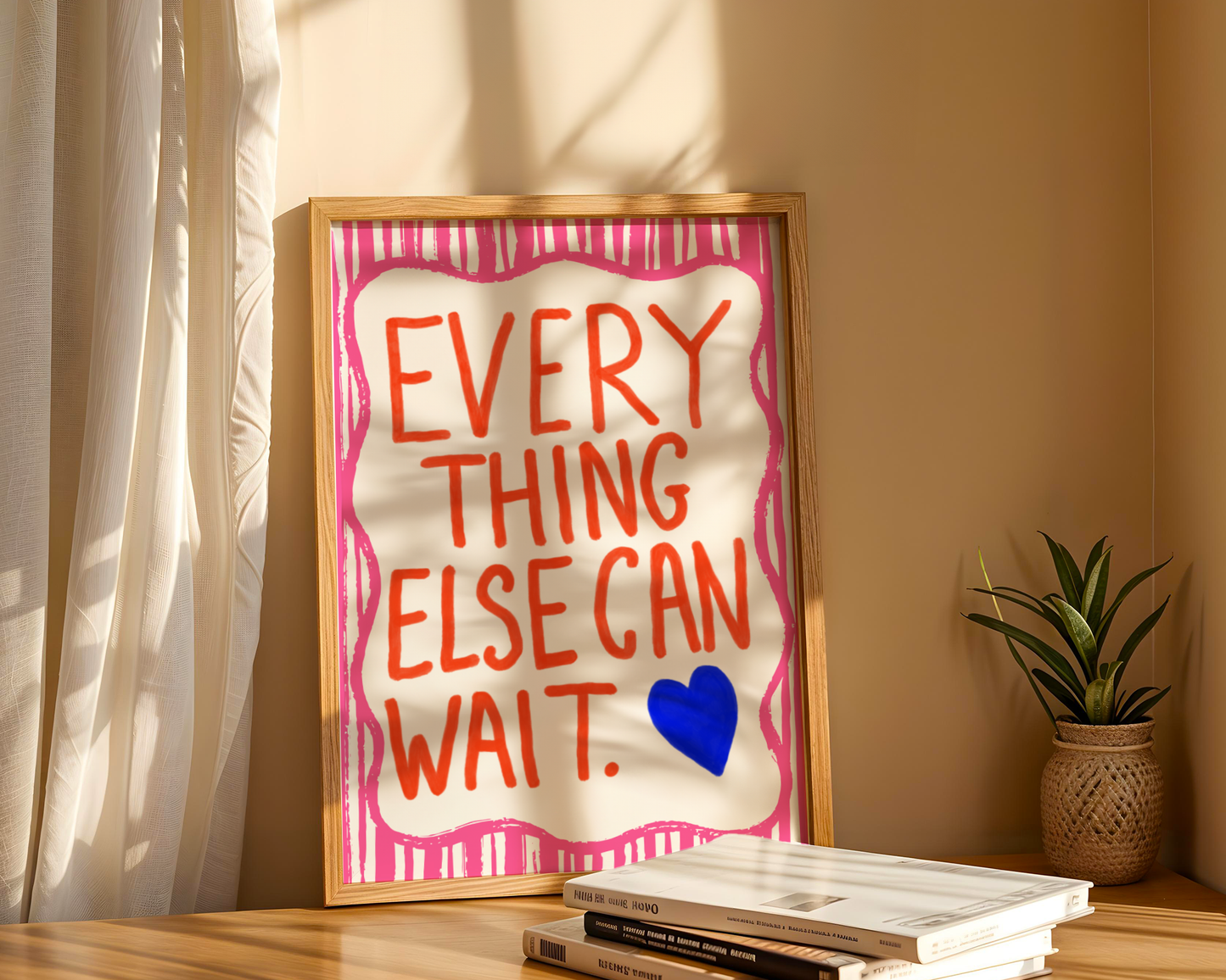 'Everything Else Can Wait' Typography Art Print – Bold Maximalist Wall Decor in Hot Pink, Orange & Cobalt