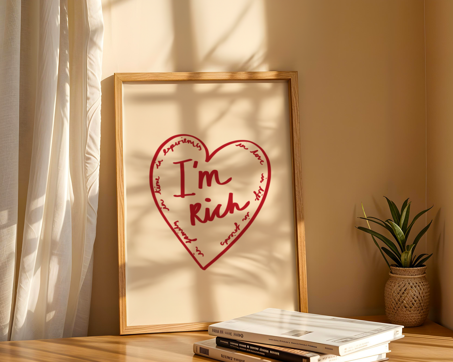 'I'm Rich' Heart Typography Art Print – Meaningful Minimalist Wall Decor in Red & Cream