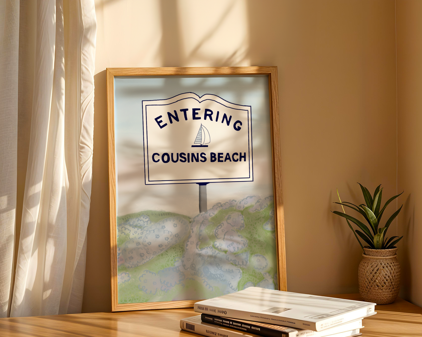 'Entering Cousins Beach' Art Print – Illustrated Coastal Wall Decor in Navy & Soft Watercolour