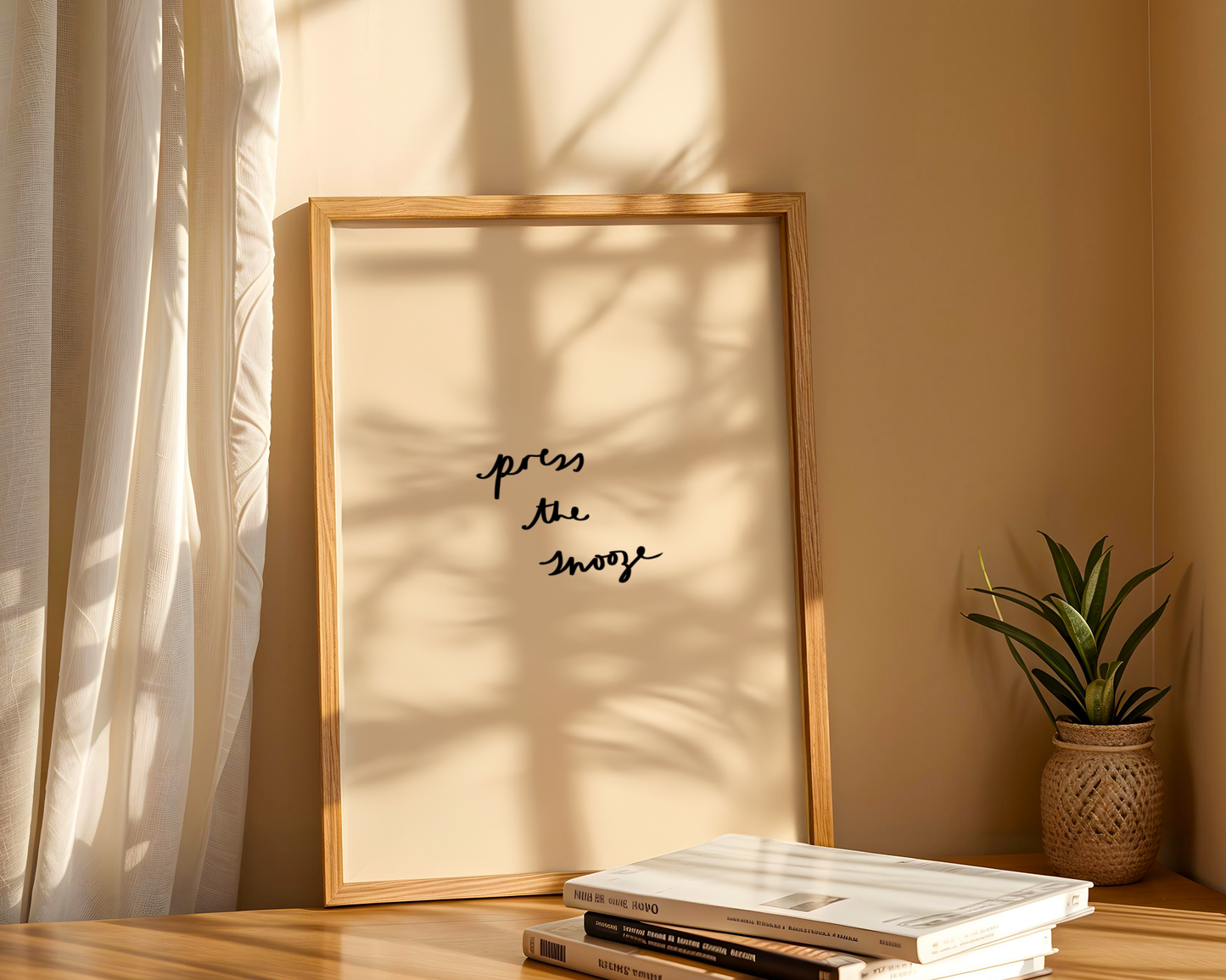 'Press the Snooze' Typography Art Print – Minimalist Bedroom Wall Decor in Cream & Black