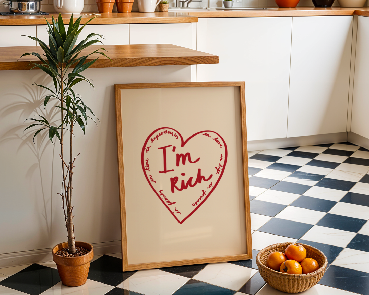 'I'm Rich' Heart Typography Art Print – Meaningful Minimalist Wall Decor in Red & Cream