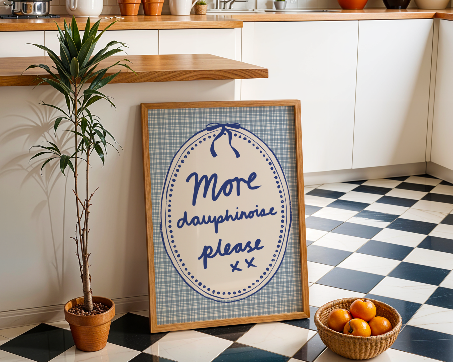 'More Dauphinoise Please' Typography Art Print – Illustrated French Kitchen Wall Decor in Cornflower Blue & Cream