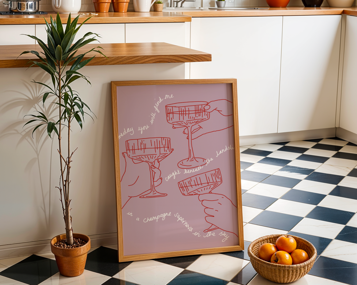 'Champagne Supernova' Art Print – Oasis Inspired Line Art Wall Decor in Pink & Red