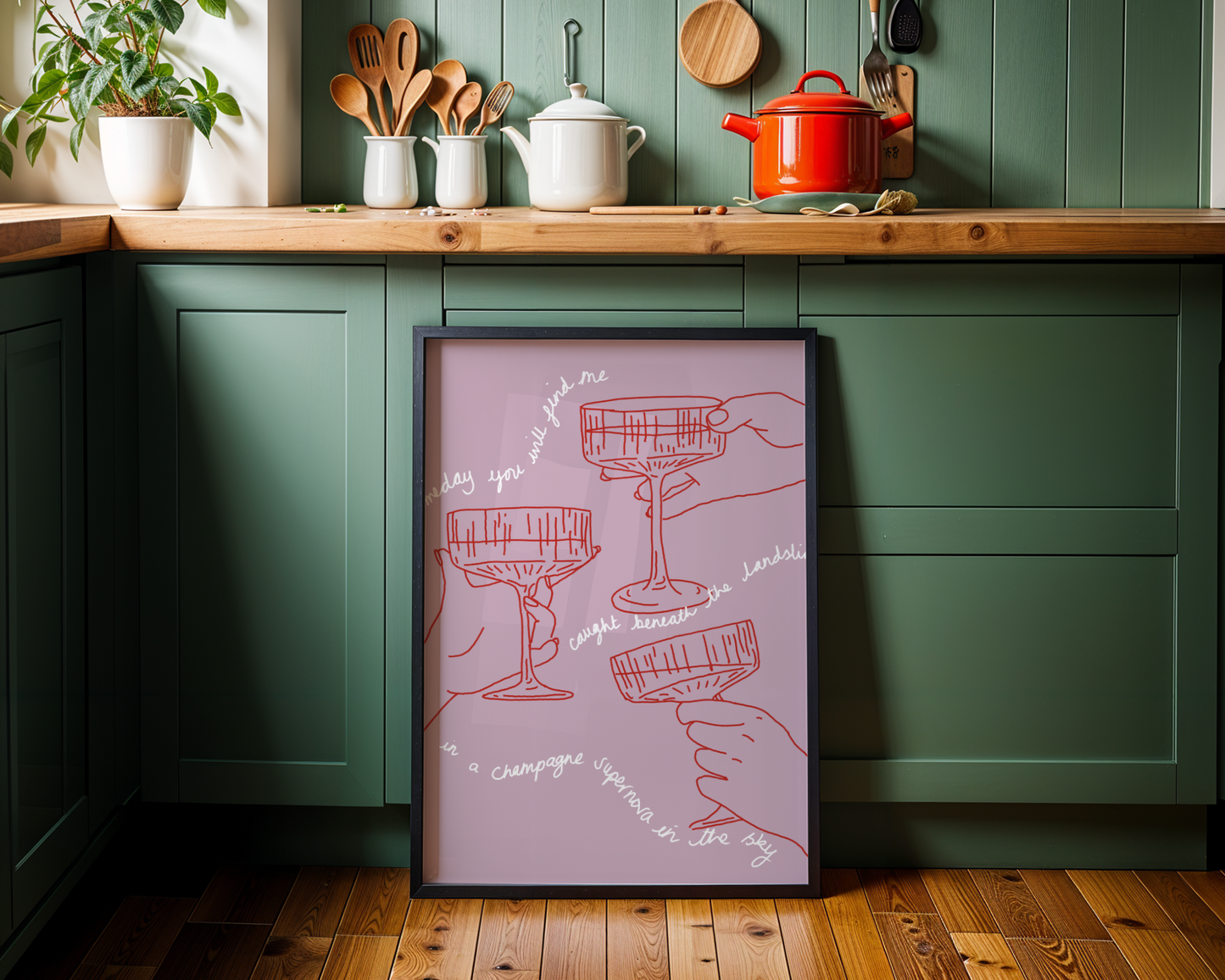 'Champagne Supernova' Art Print – Oasis Inspired Line Art Wall Decor in Pink & Red