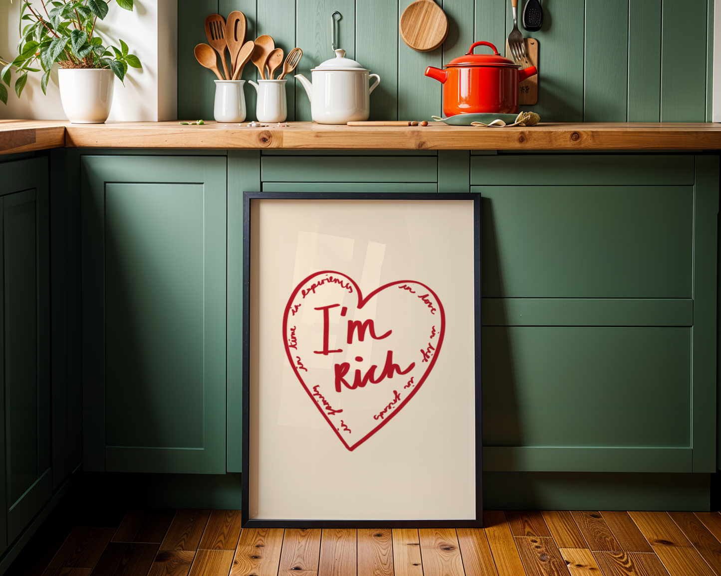 'I'm Rich' Heart Typography Art Print – Meaningful Minimalist Wall Decor in Red & Cream