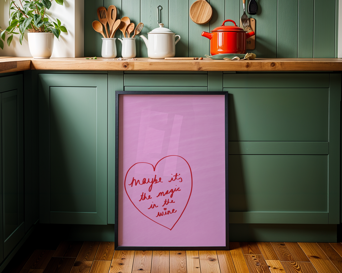 'Magic in the Wine' Heart Art Print – Playful Pink & Red Typography Poster for Kitchen or Dining