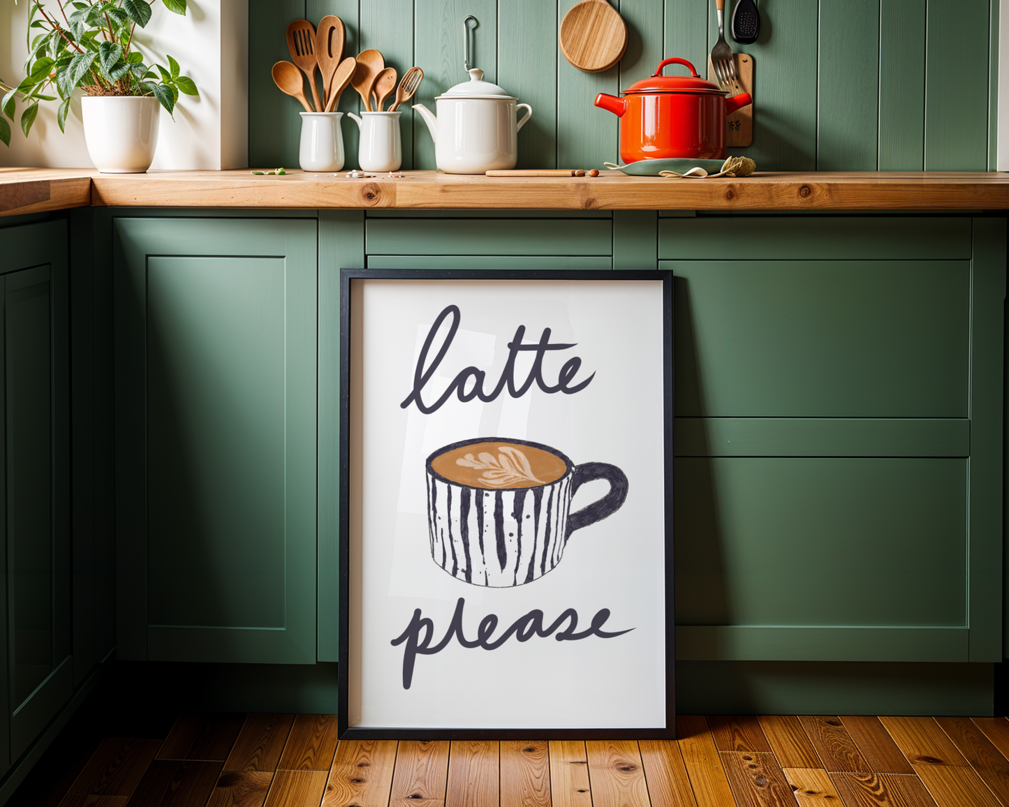 'Latte Please' Art Print – Illustrated Coffee Kitchen Wall Decor in Charcoal & Warm Cream