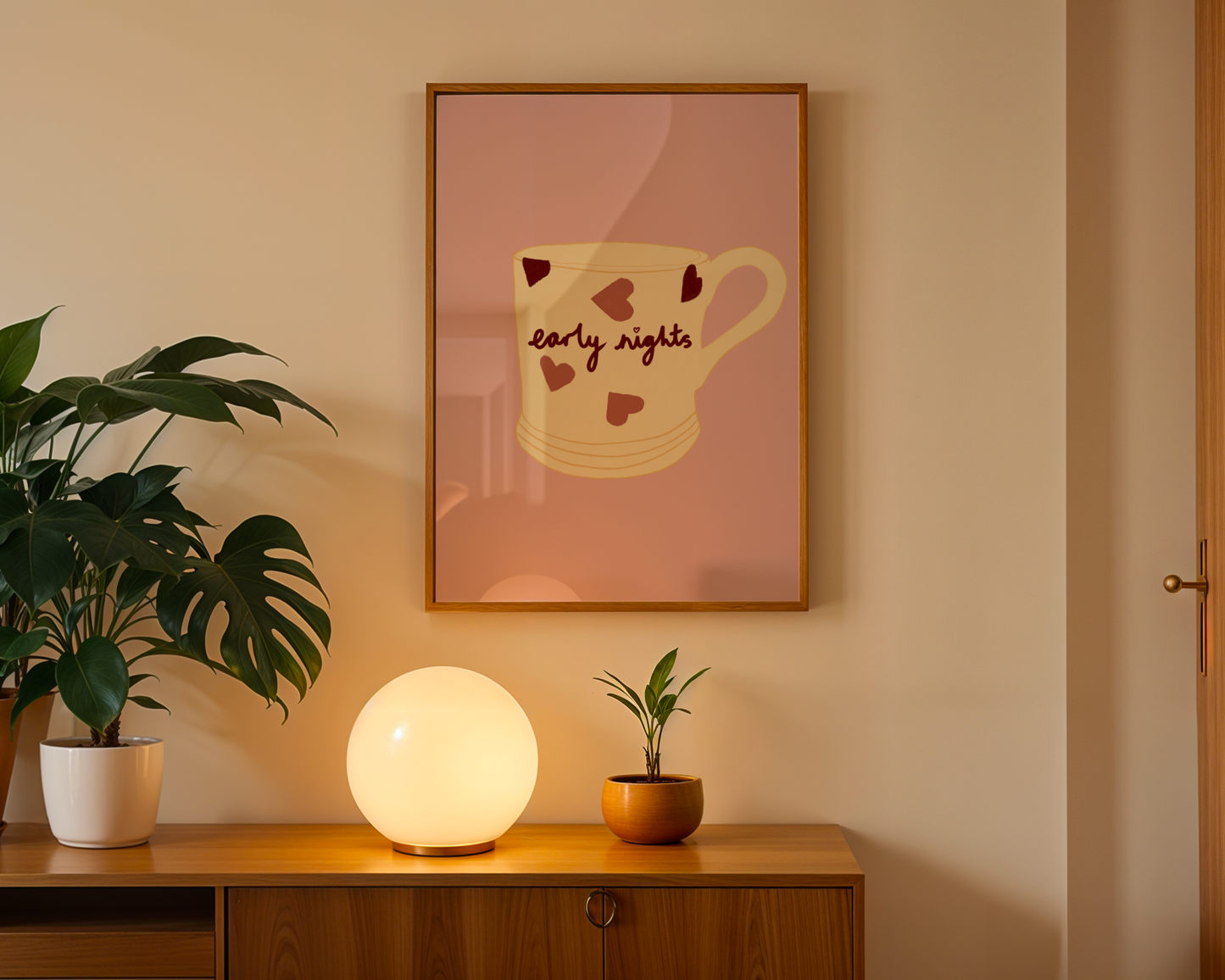 'Early Nights' Art Print Cosy Mug Wall Art | Blush Pink Heart Print | Cute Bedroom Decor | Whimsical Illustration Poster