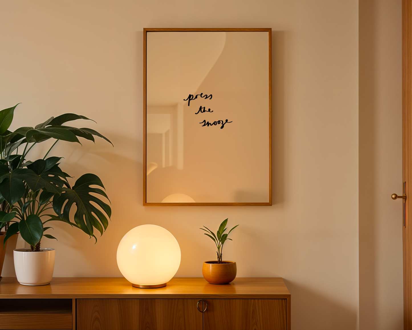 'Press the Snooze' Typography Art Print – Minimalist Bedroom Wall Decor in Cream & Black