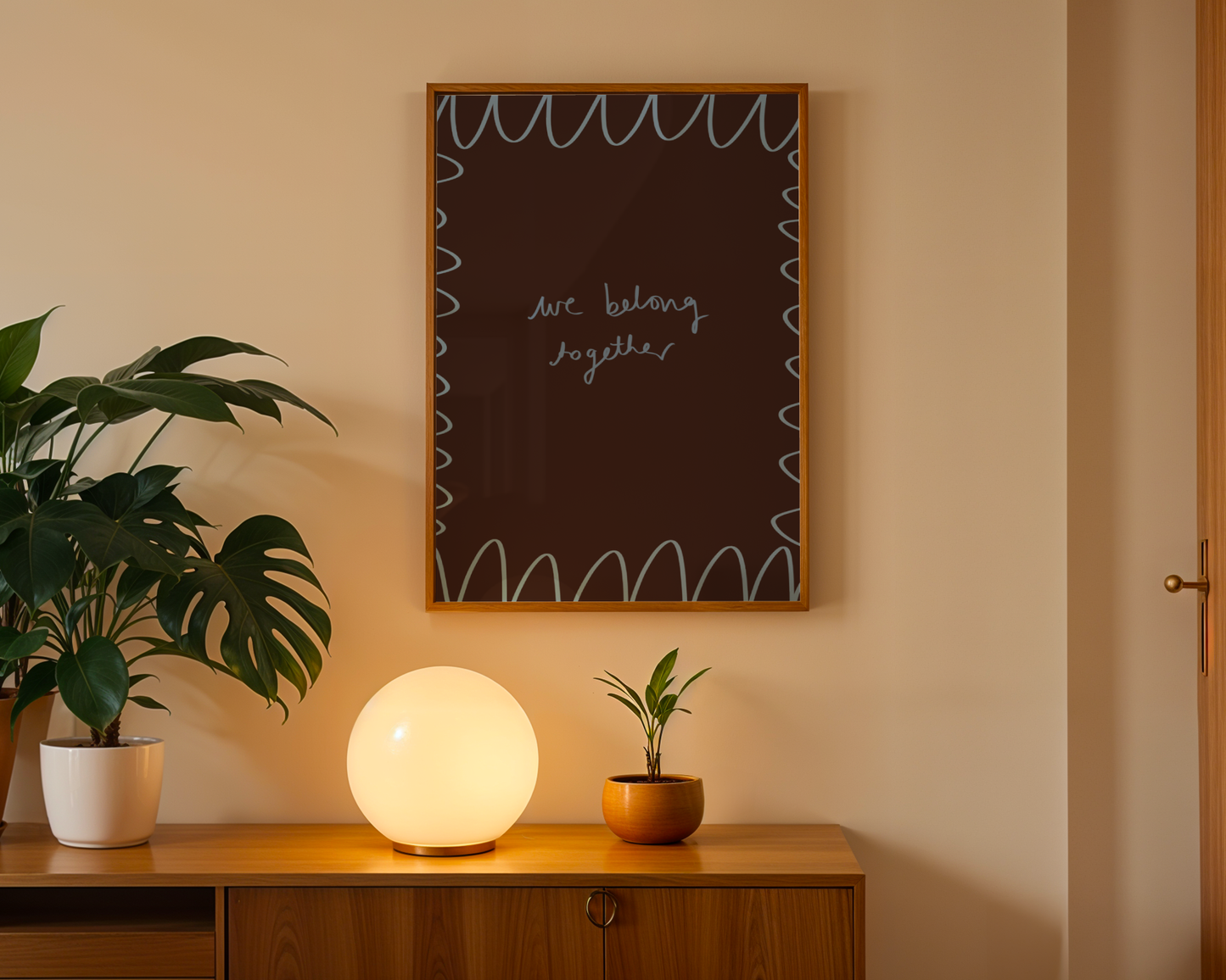 'We Belong Together' Typography Art Print – Romantic Dark Bedroom Wall Decor in Mocha & Blue