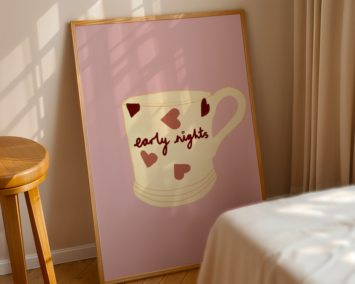 'Early Nights' Art Print Cosy Mug Wall Art | Blush Pink Heart Print | Cute Bedroom Decor | Whimsical Illustration Poster
