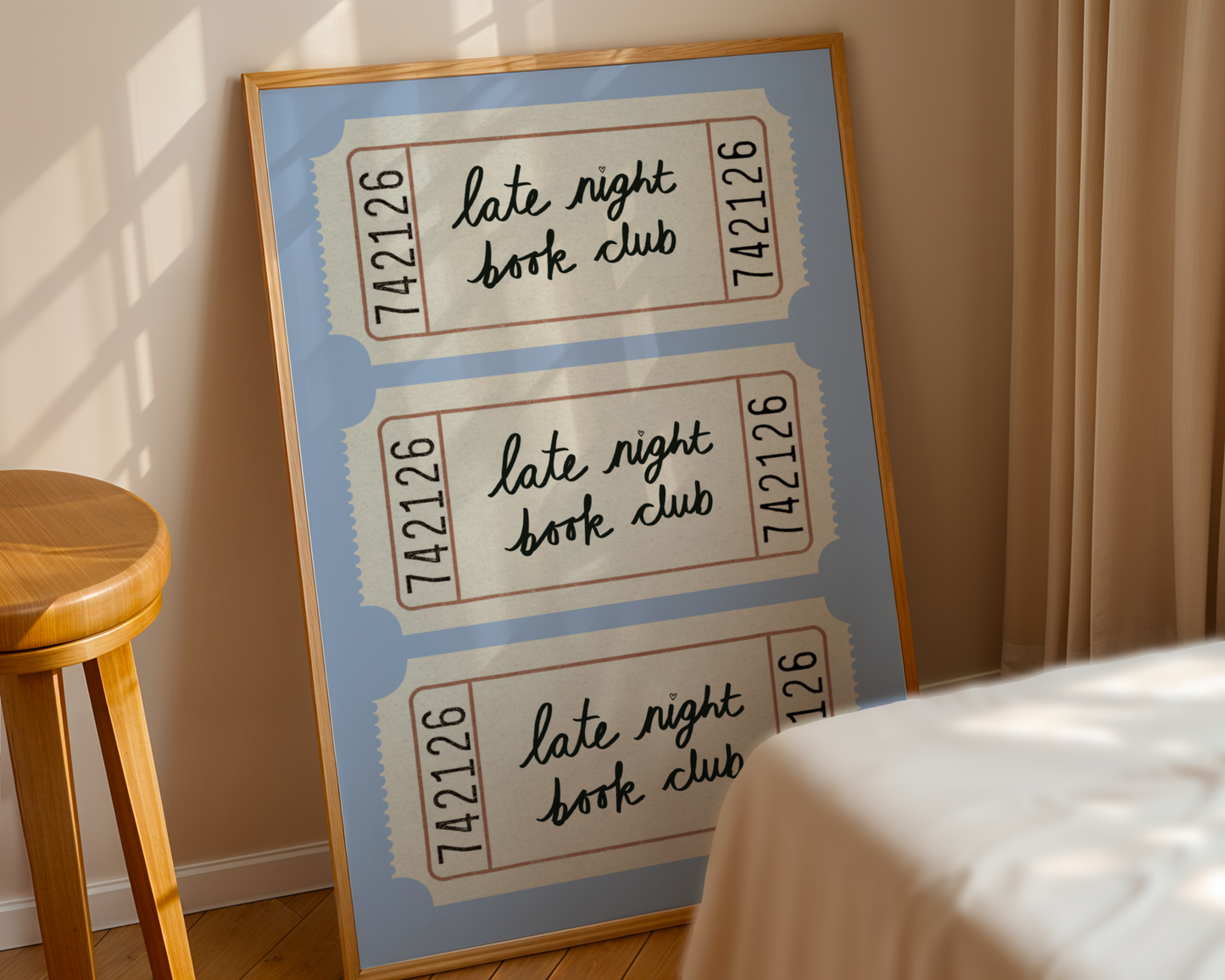 'Late Night Book Club' Ticket Print: Retro Blue Literary Wall Art