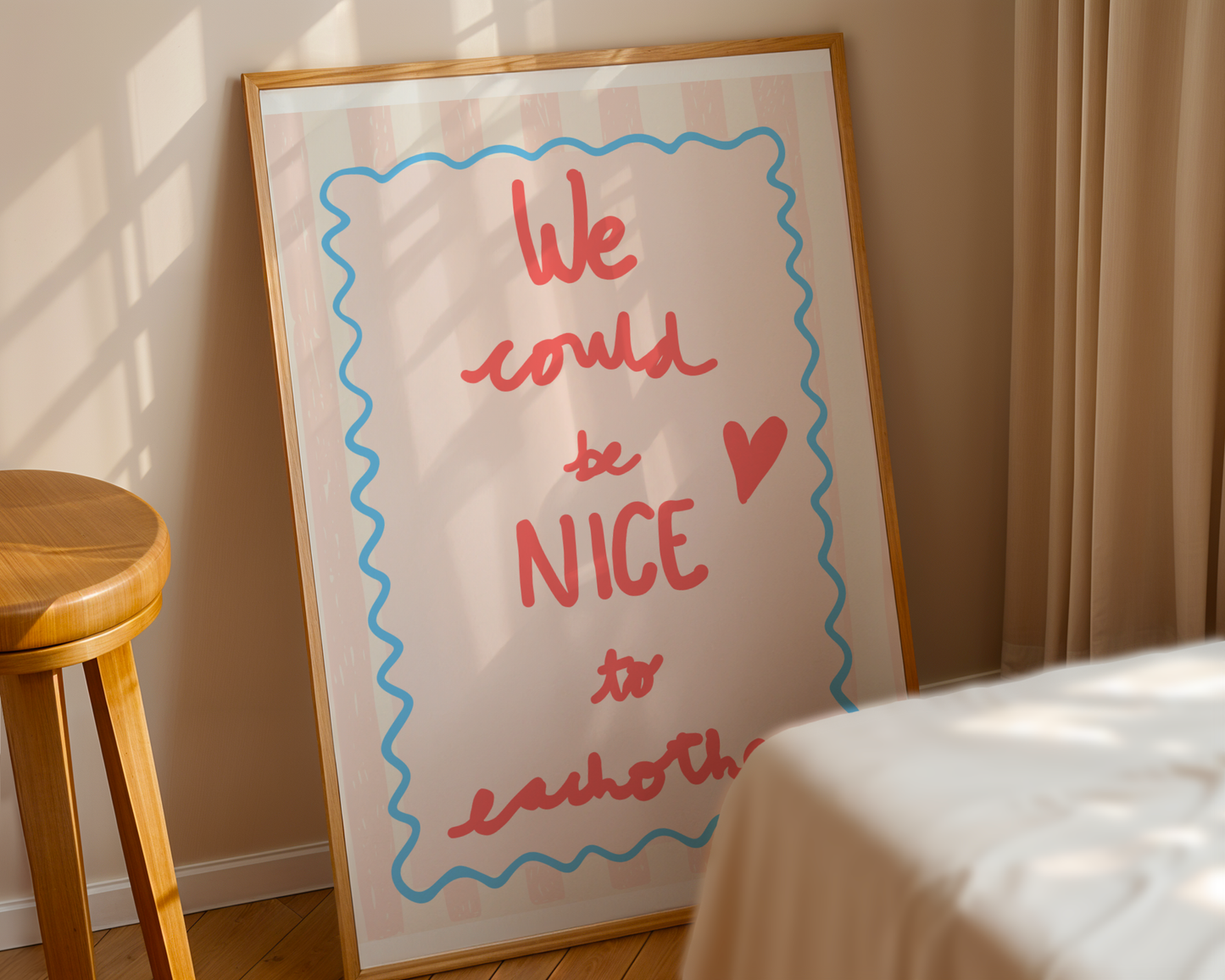 'We Could Be Nice To Each Other' Typography Art Print – Uplifting Pastel Wall Decor in Pink, Coral & Blue