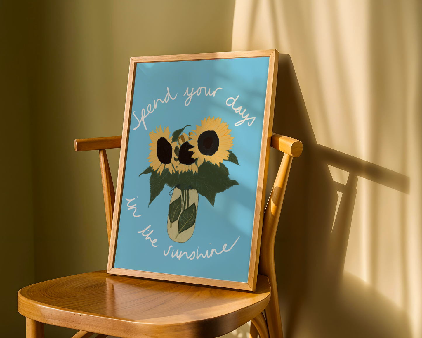 'Spend Your Days In The Sunshine' Art Print – Oasis Inspired Sunflower Wall Decor in Sky Blue & Yellow
