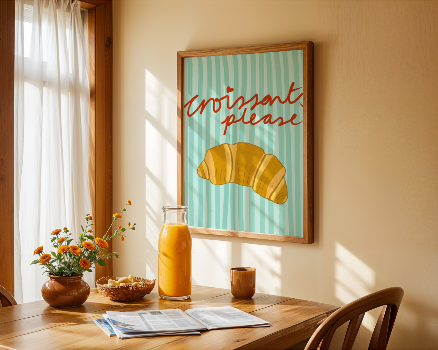 'Croissants Please' Art Print – Illustrated Kitchen Wall Decor in Mint Green & Golden Amber