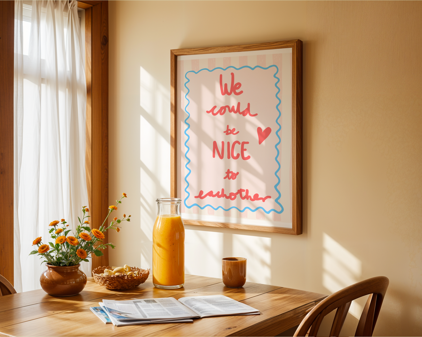 'We Could Be Nice To Each Other' Typography Art Print – Uplifting Pastel Wall Decor in Pink, Coral & Blue