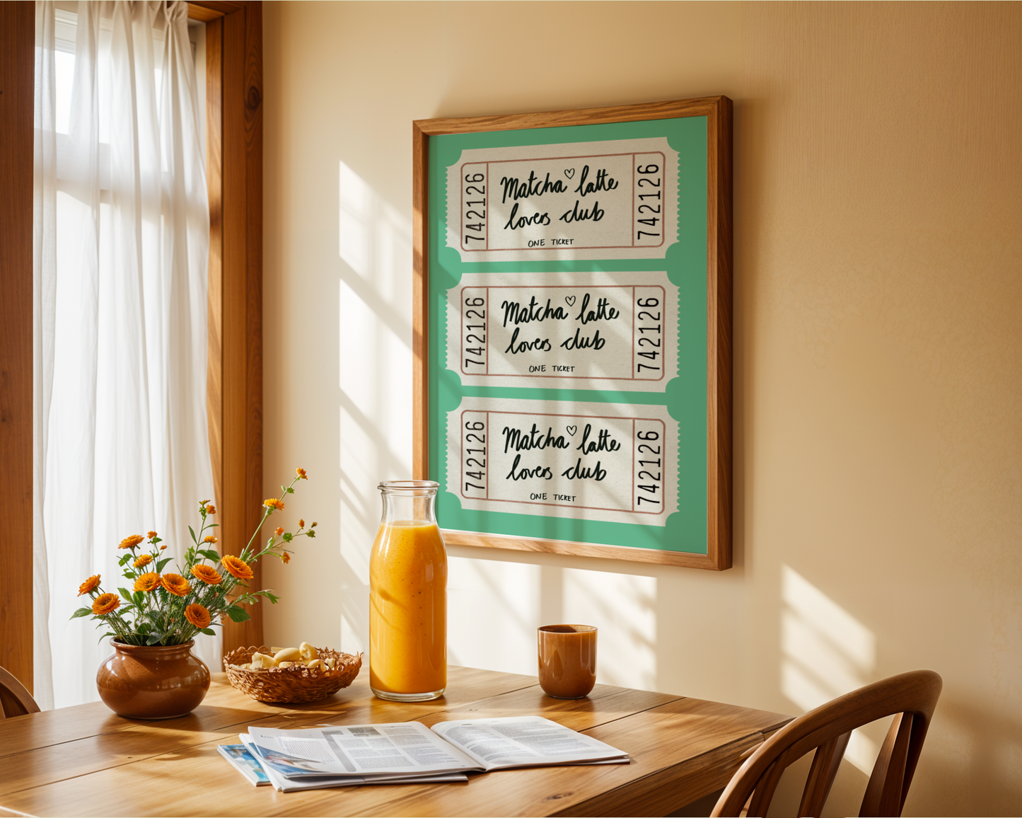 'Matcha Latte Lovers Club' Ticket Art Print – Illustrated Kitchen Wall Decor in Jade Green & Cream