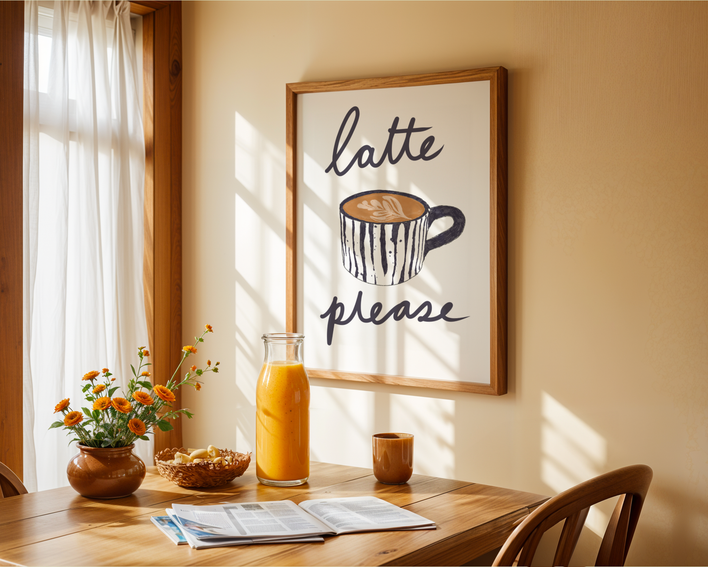'Latte Please' Art Print – Illustrated Coffee Kitchen Wall Decor in Charcoal & Warm Cream