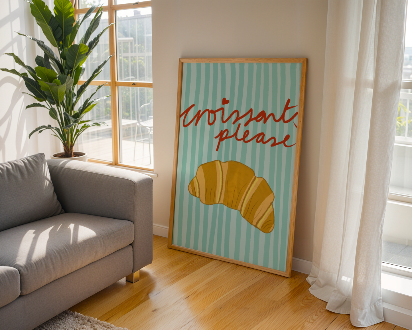 'Croissants Please' Art Print – Illustrated Kitchen Wall Decor in Mint Green & Golden Amber