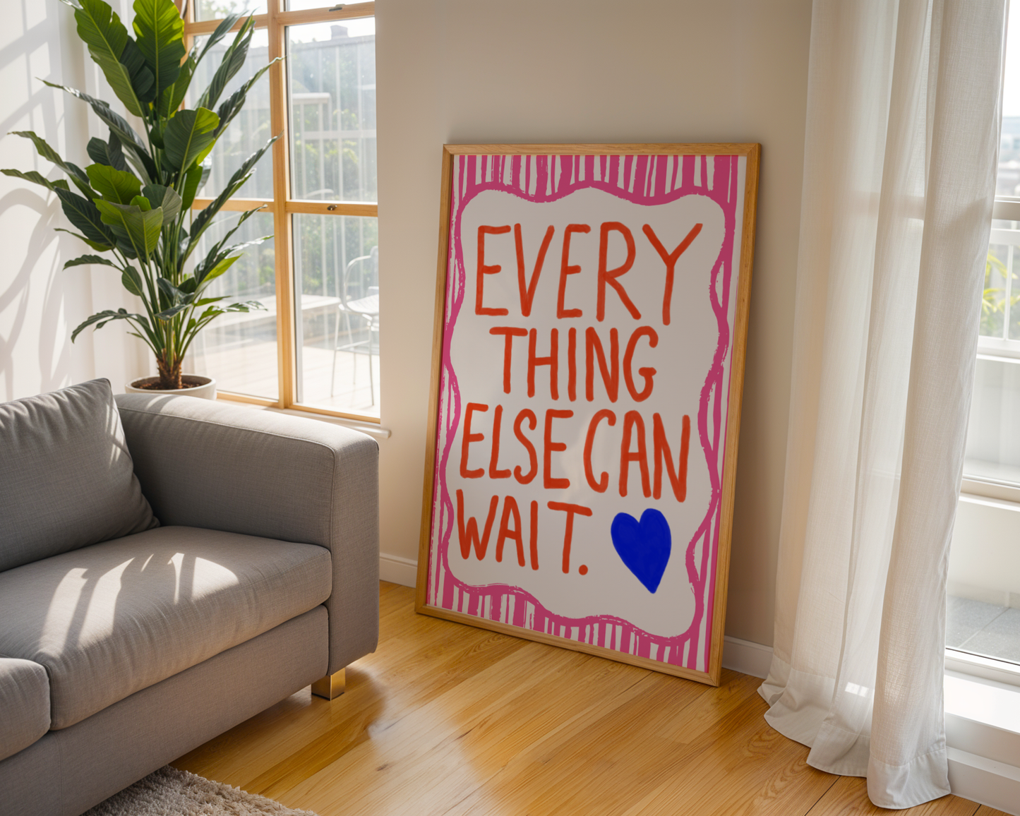 'Everything Else Can Wait' Typography Art Print – Bold Maximalist Wall Decor in Hot Pink, Orange & Cobalt