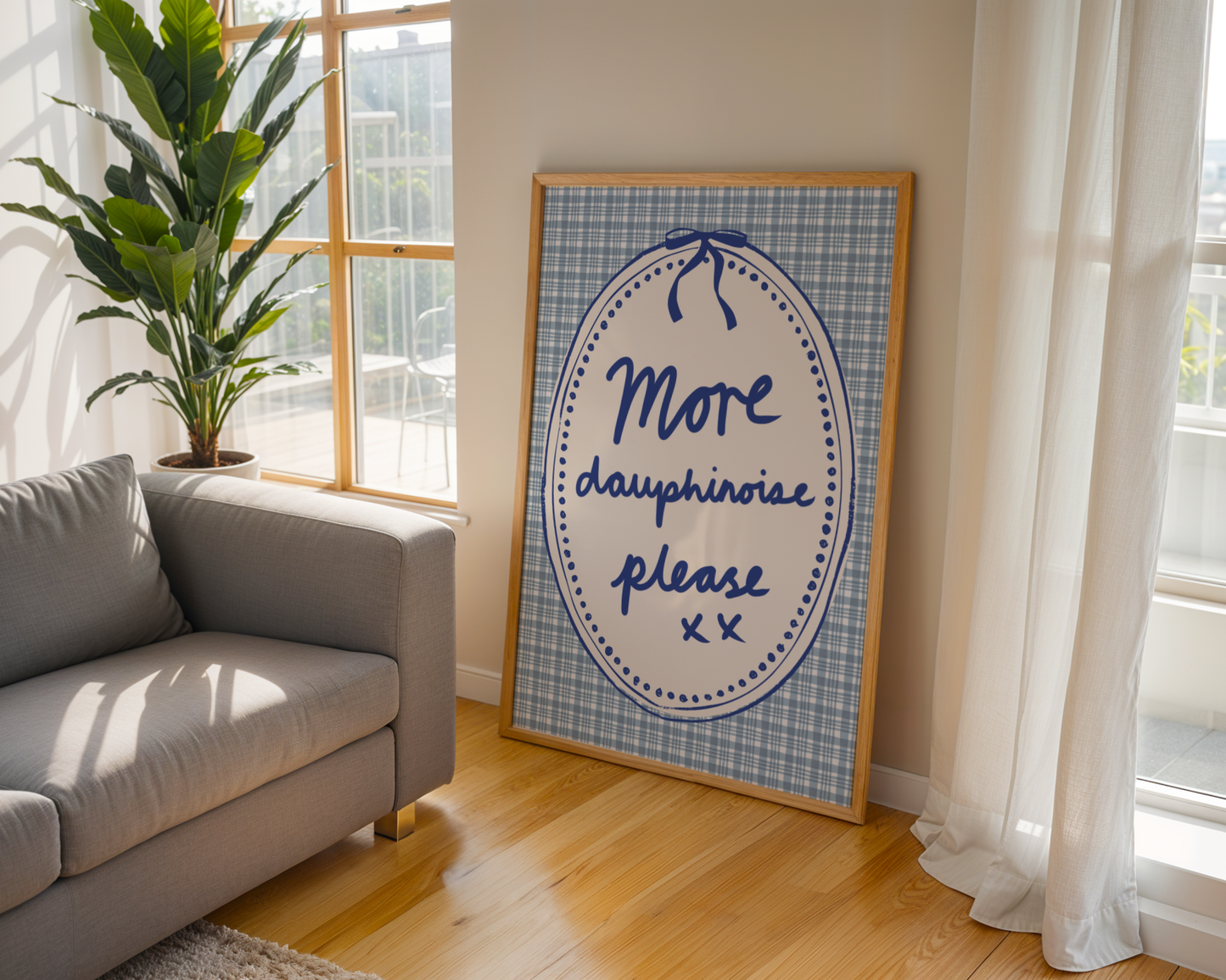 'More Dauphinoise Please' Typography Art Print – Illustrated French Kitchen Wall Decor in Cornflower Blue & Cream