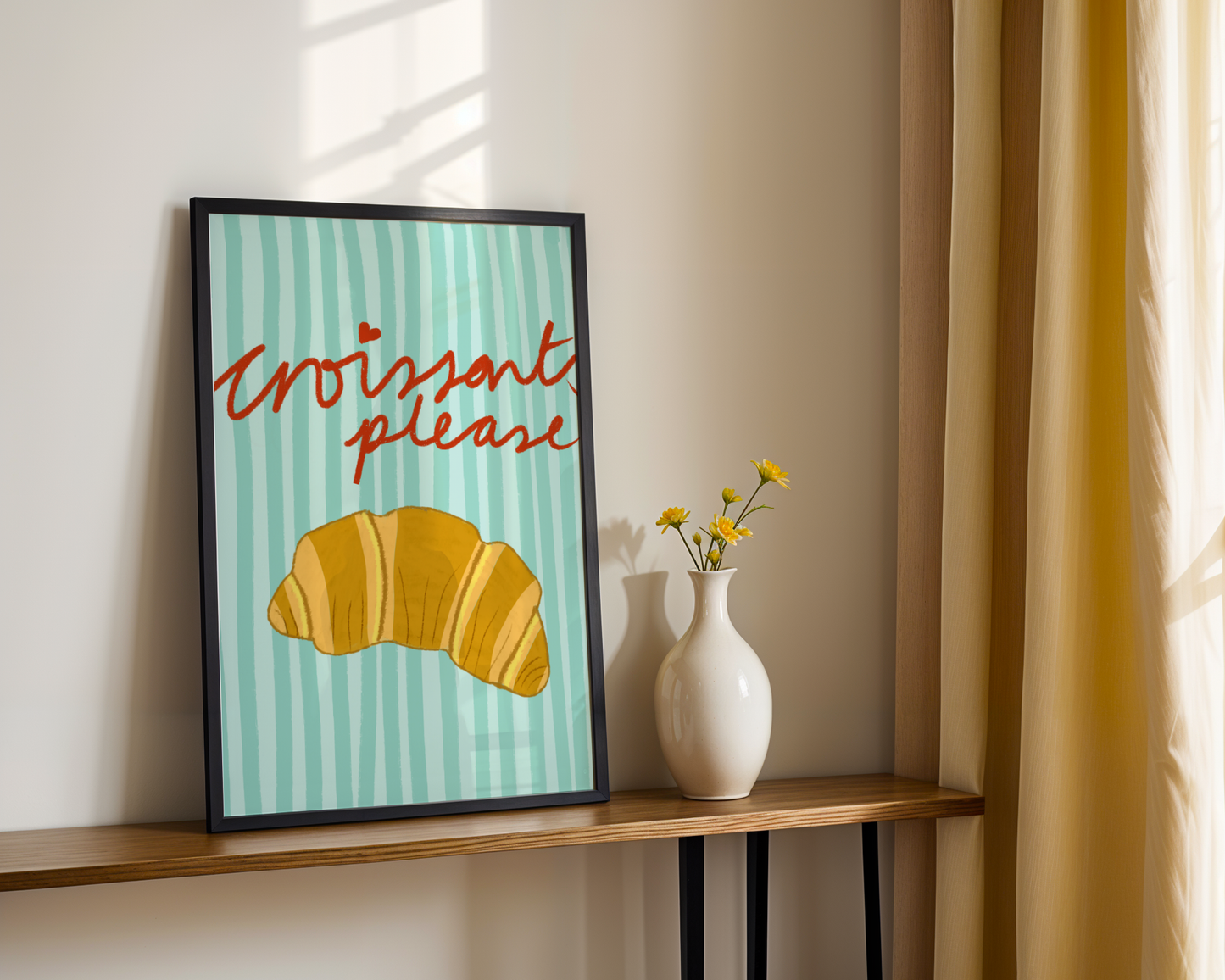 'Croissants Please' Art Print – Illustrated Kitchen Wall Decor in Mint Green & Golden Amber