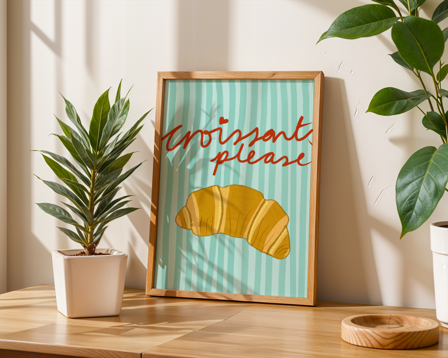 'Croissants Please' Art Print – Illustrated Kitchen Wall Decor in Mint Green & Golden Amber