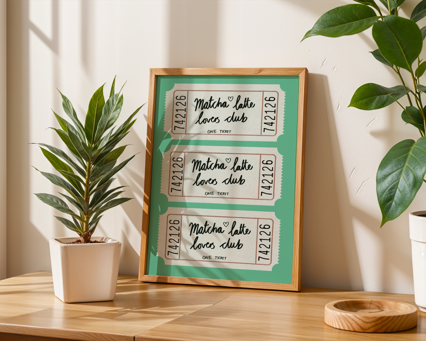 'Matcha Latte Lovers Club' Ticket Art Print – Illustrated Kitchen Wall Decor in Jade Green & Cream