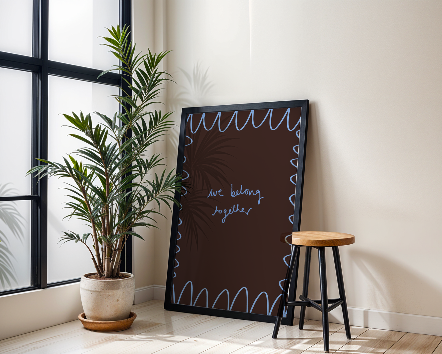 'We Belong Together' Typography Art Print – Romantic Dark Bedroom Wall Decor in Mocha & Blue