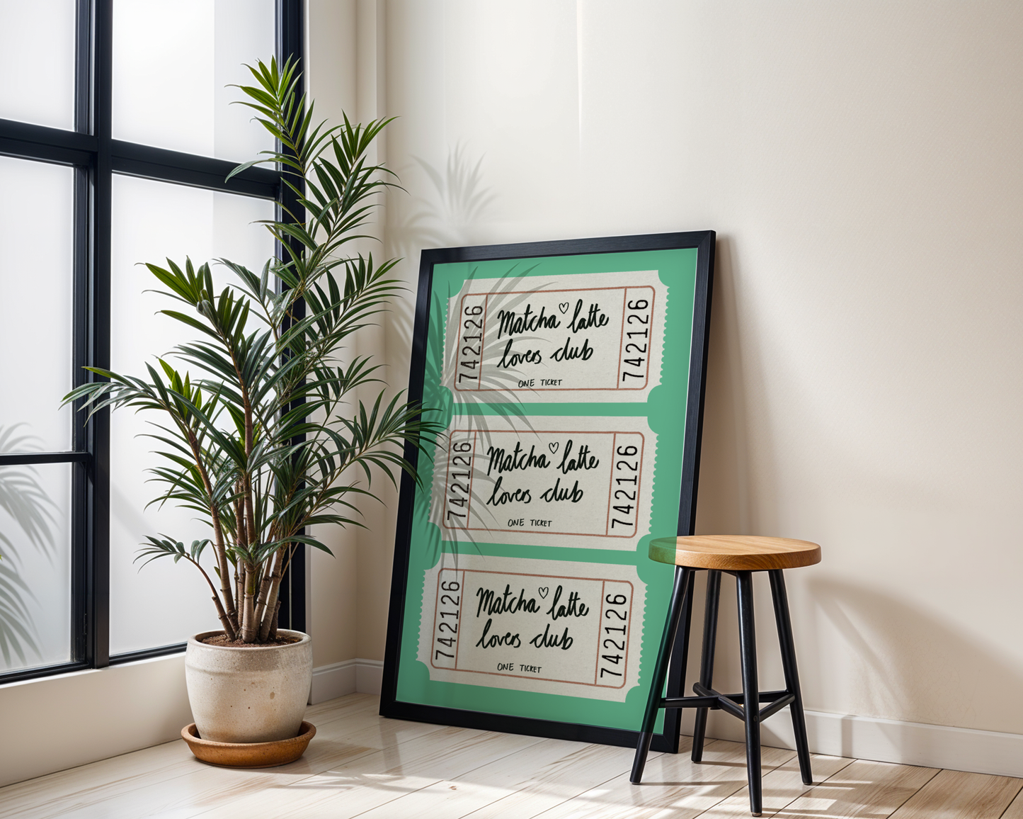 'Matcha Latte Lovers Club' Ticket Art Print – Illustrated Kitchen Wall Decor in Jade Green & Cream