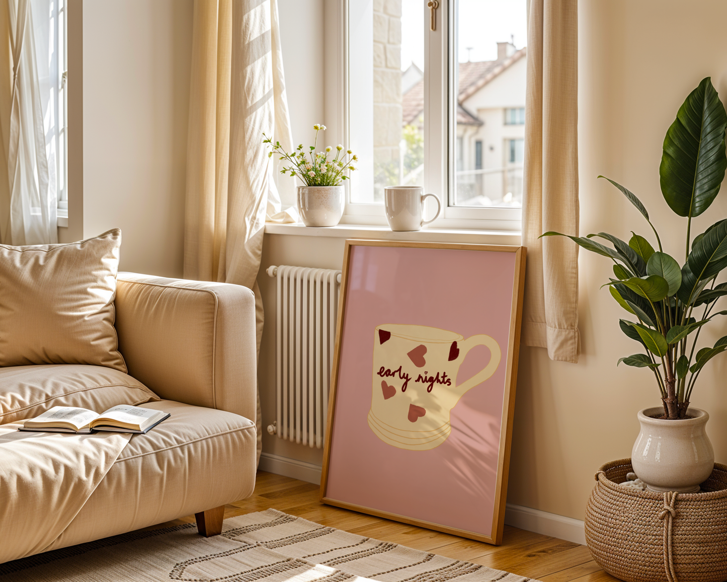 'Early Nights' Art Print Cosy Mug Wall Art | Blush Pink Heart Print | Cute Bedroom Decor | Whimsical Illustration Poster