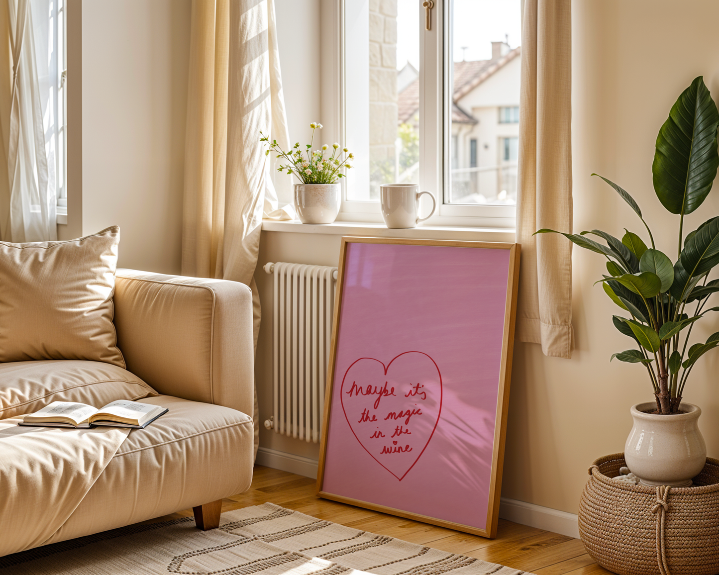 'Magic in the Wine' Heart Art Print – Playful Pink & Red Typography Poster for Kitchen or Dining