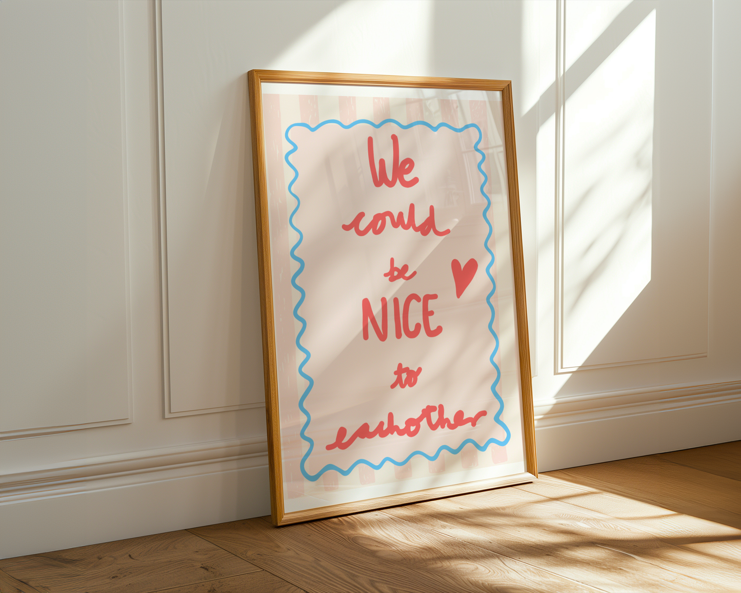'We Could Be Nice To Each Other' Typography Art Print – Uplifting Pastel Wall Decor in Pink, Coral & Blue