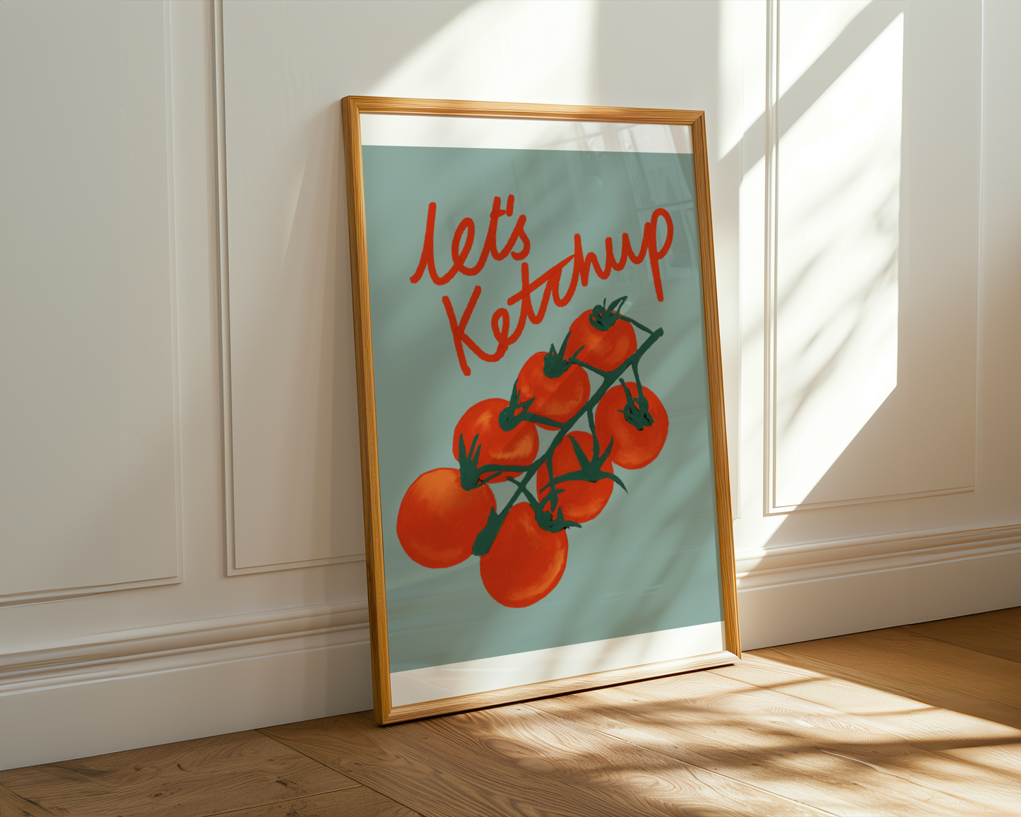 'Let's Ketchup' Art Print – Illustrated Kitchen Wall Decor in Sage Green & Tomato Red