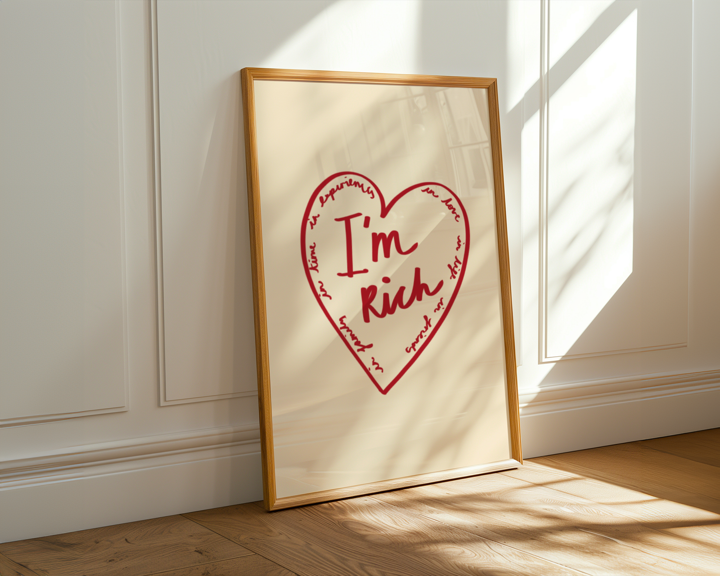 'I'm Rich' Heart Typography Art Print – Meaningful Minimalist Wall Decor in Red & Cream