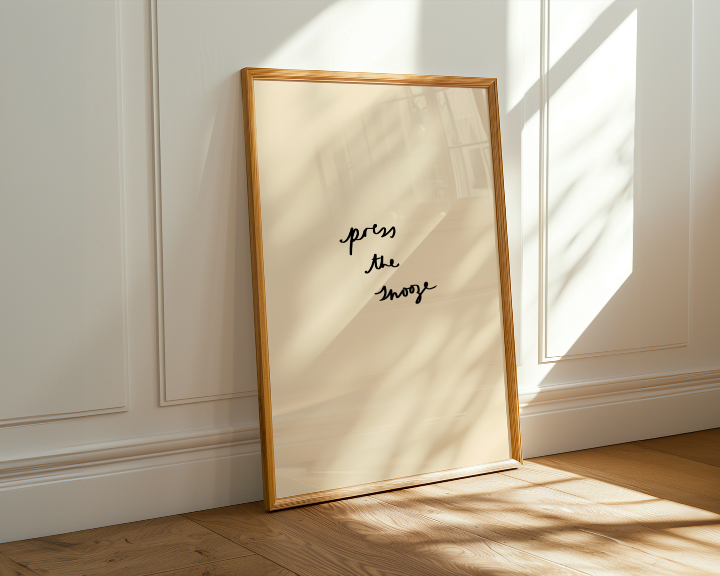 'Press the Snooze' Typography Art Print – Minimalist Bedroom Wall Decor in Cream & Black